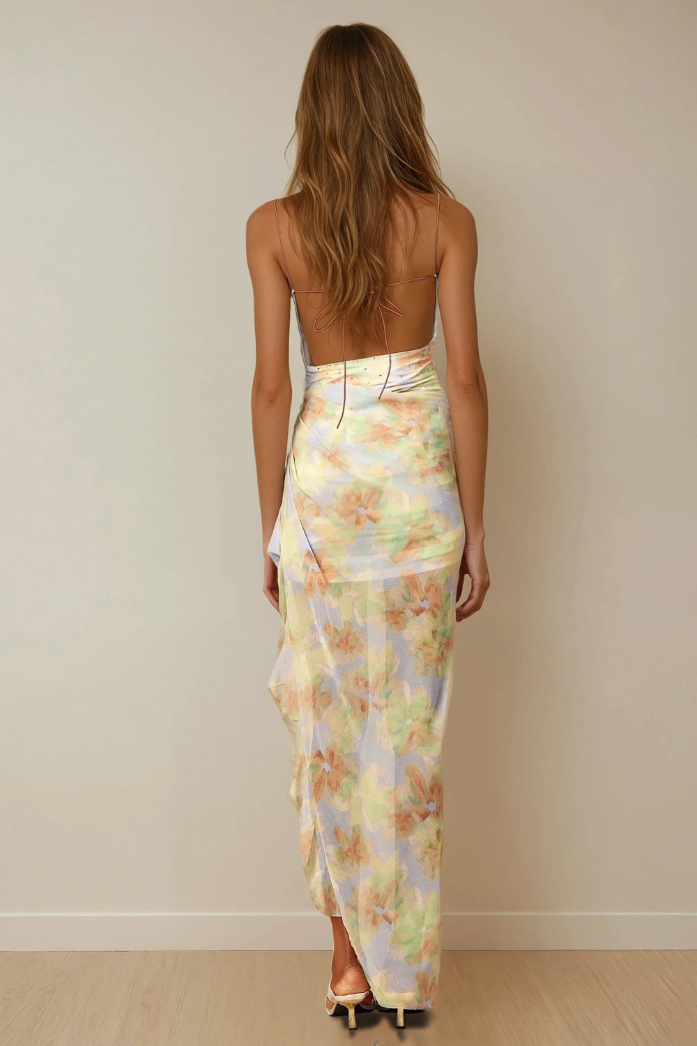 Maxi Dress with Ruffle Hem and Rear Tie - Blue
