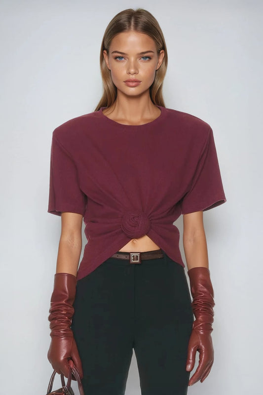 Crew Neck Short Sleeve T-Shirt with Shoulder Pads - Maroon
