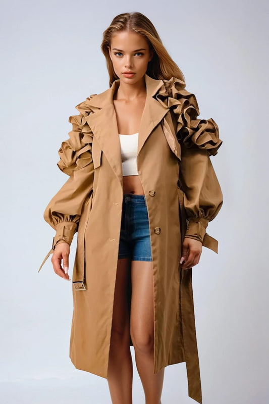 Ruffled Oversized Sleeve Belted Coat - Khaki