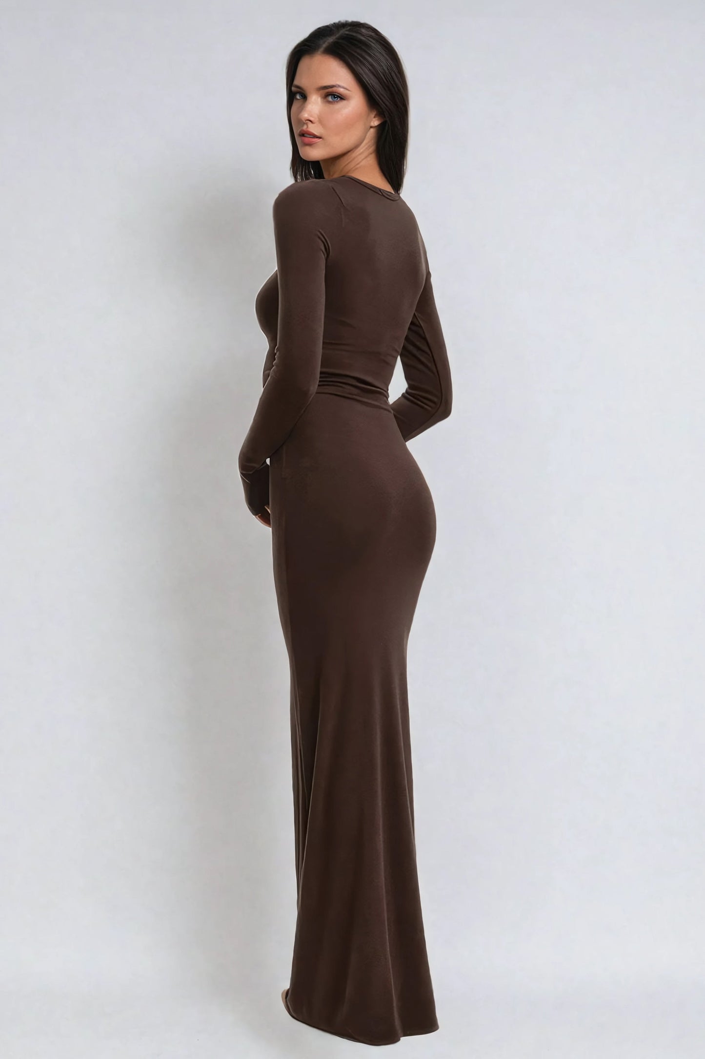 Long Sleeve Bodycon Maxi Dress - Brown