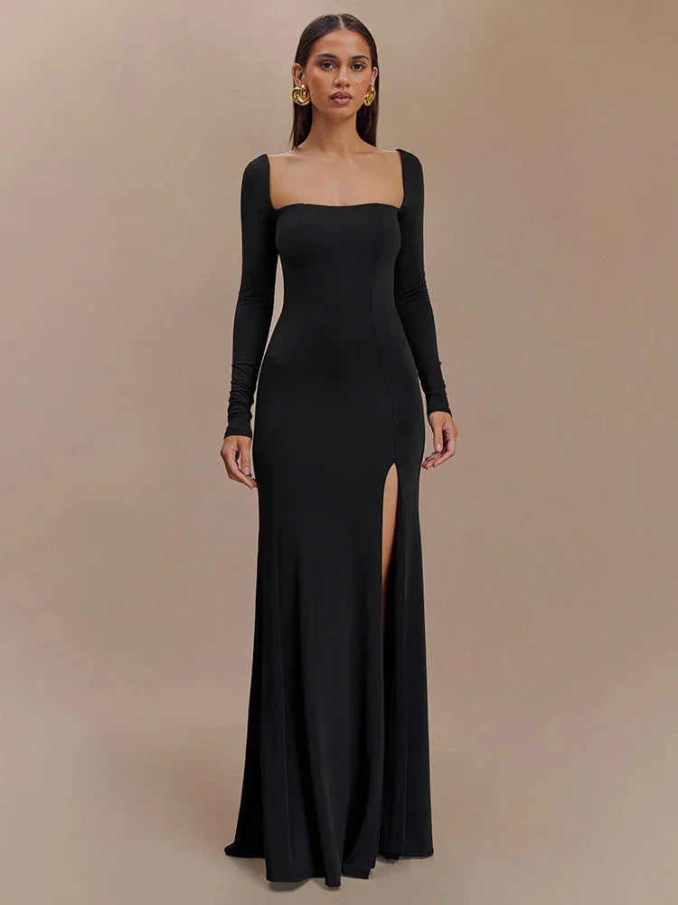 Square Neck Long-Sleeve Maxi Dress with Thigh-High Slit - Black