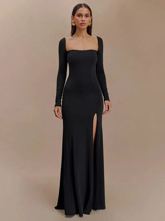 Square Neck Long-Sleeve Maxi Dress with Thigh-High Slit - Black