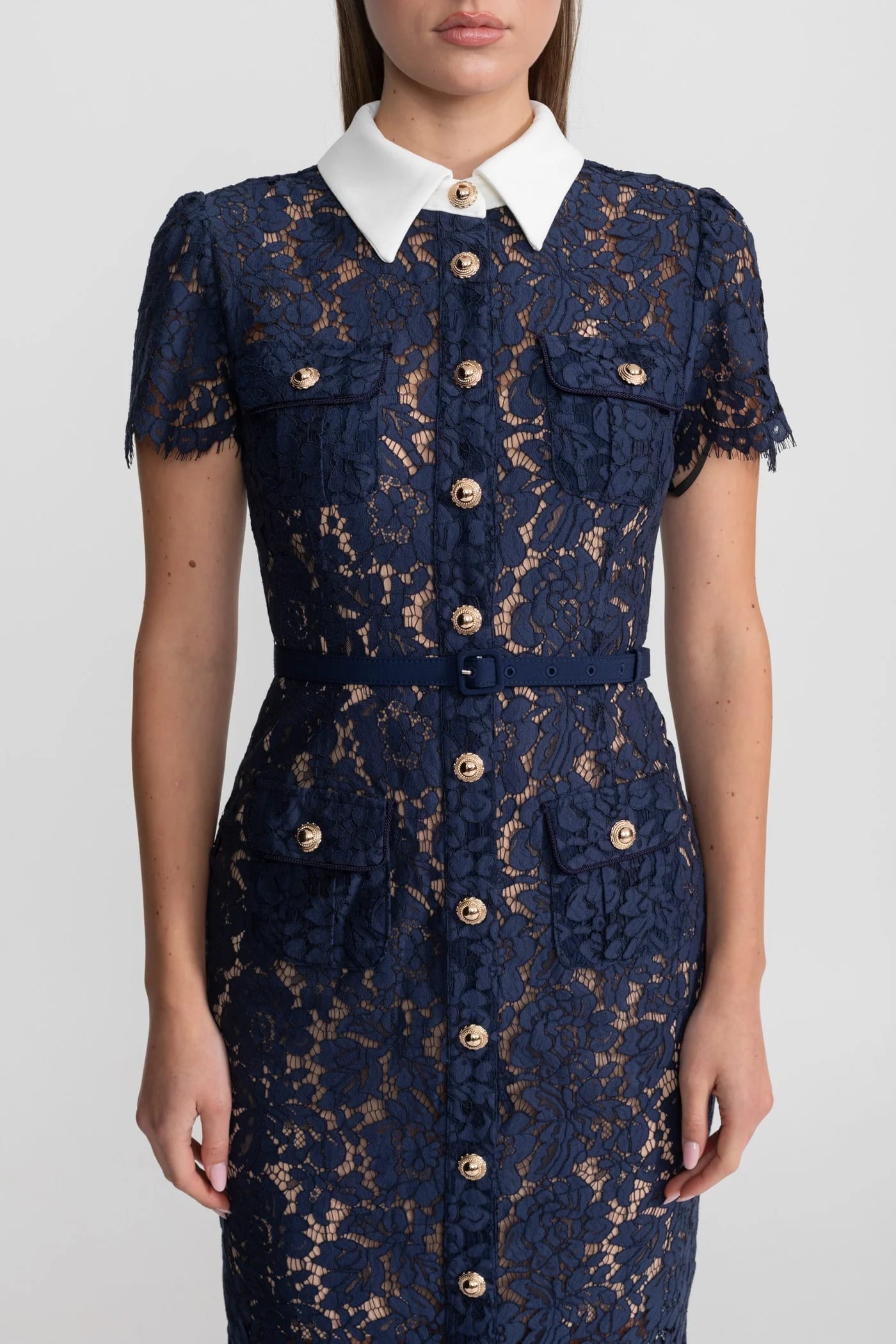 Short Sleeve Lace Midi Dress with Belt - Blue