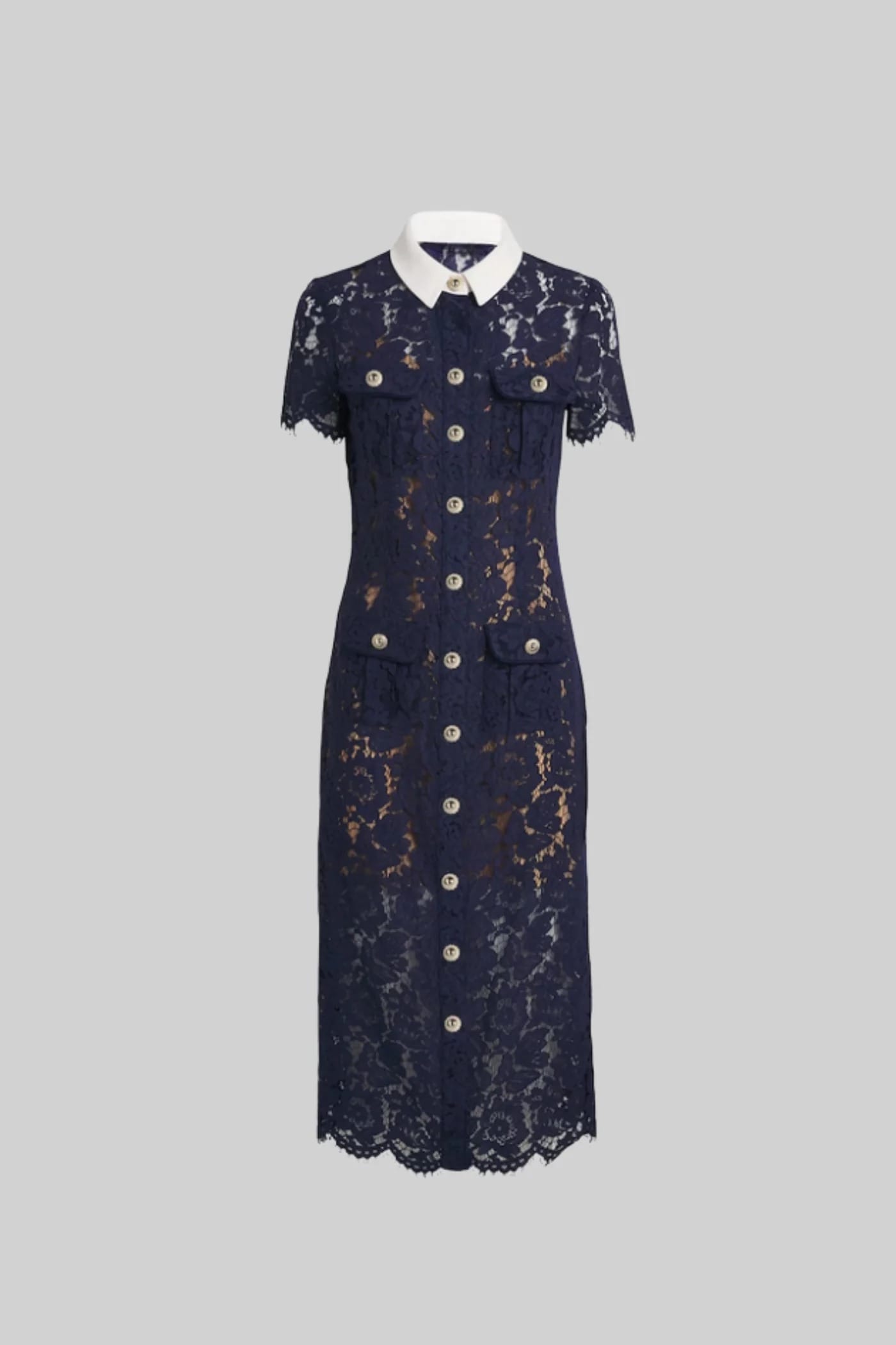 Short Sleeve Lace Midi Dress with Belt - Blue