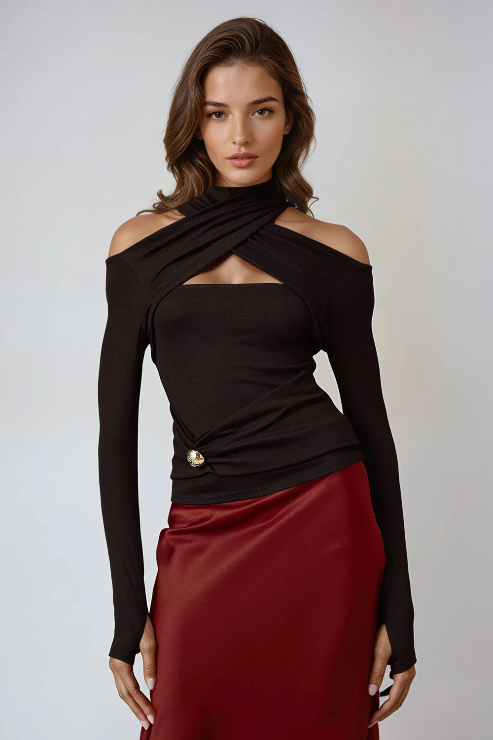 Off-Shoulder Cross-Wrap Long Sleeve Top - Black