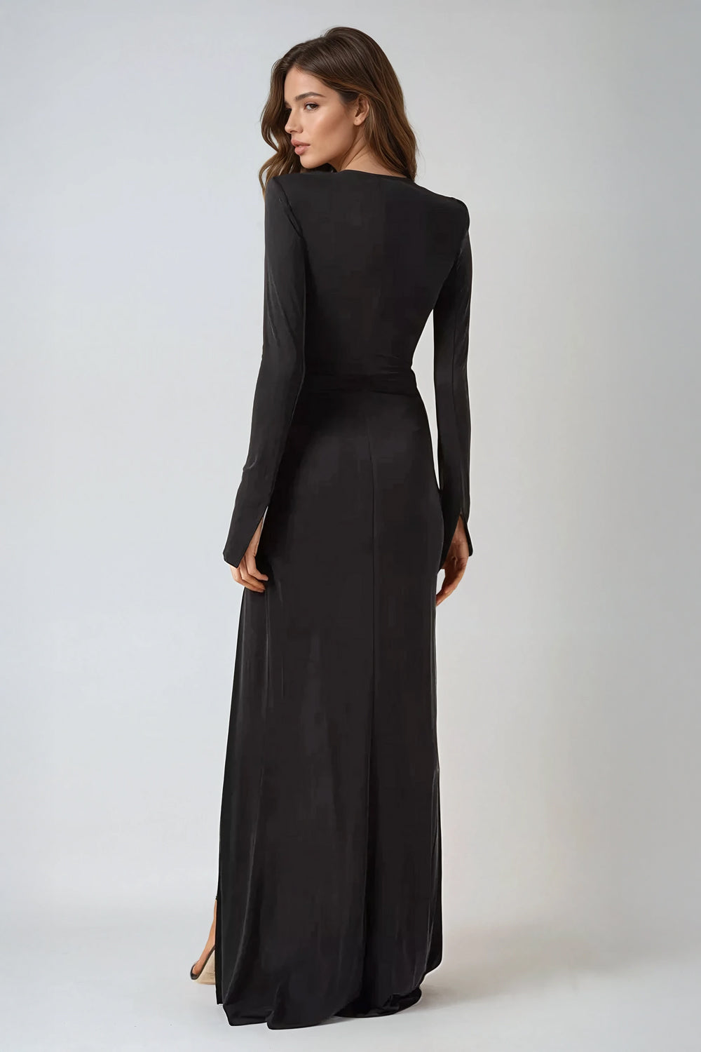 Plunge Neck Long Sleeve Maxi Dress - Black