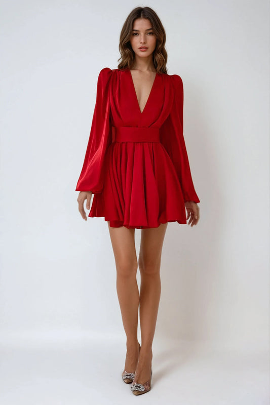 Long Sleeve Mini Dress with V-Neckline and Ruched Waist - Red