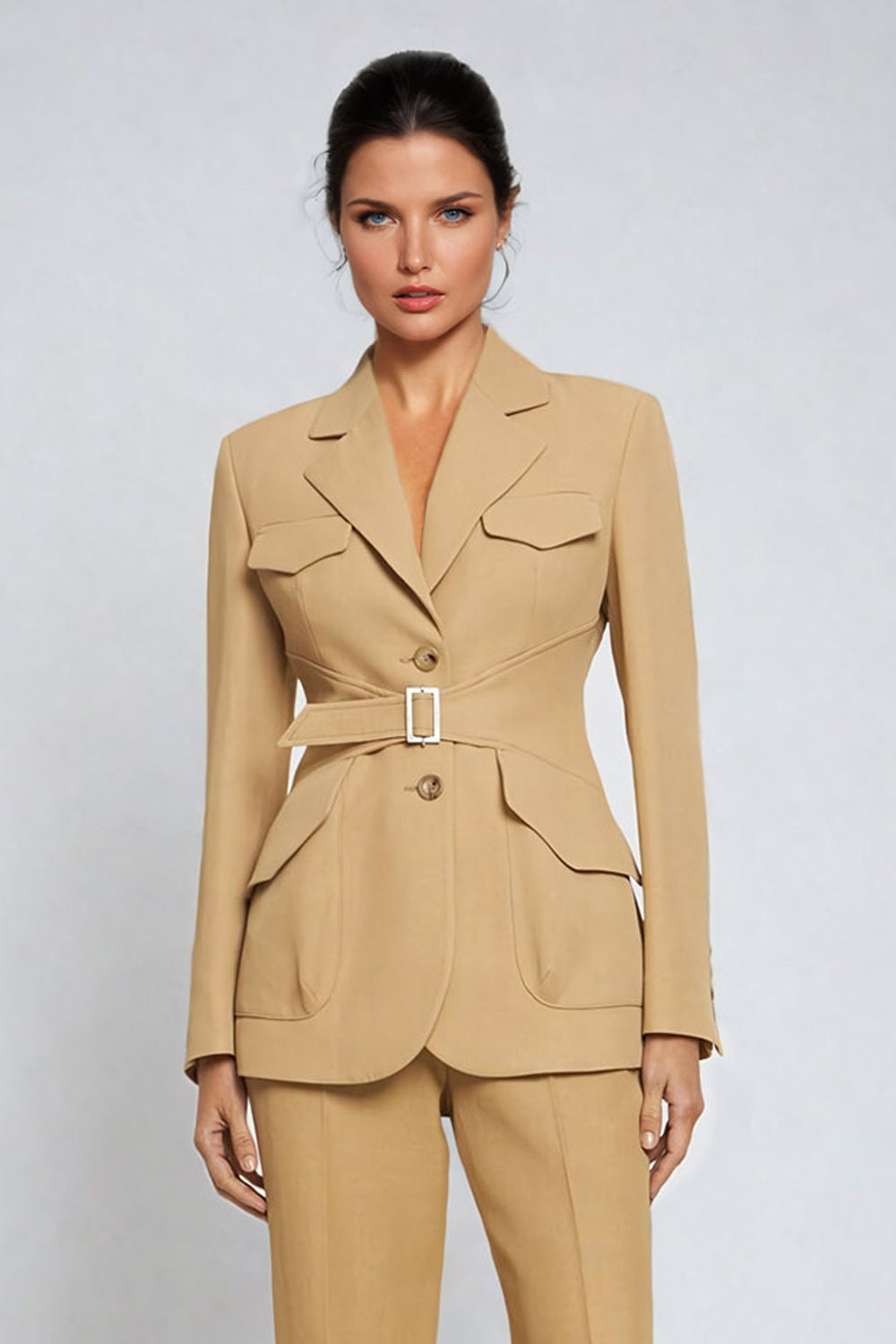 Belted Blazer with Flap Pockets and Lapel Collar - Beige