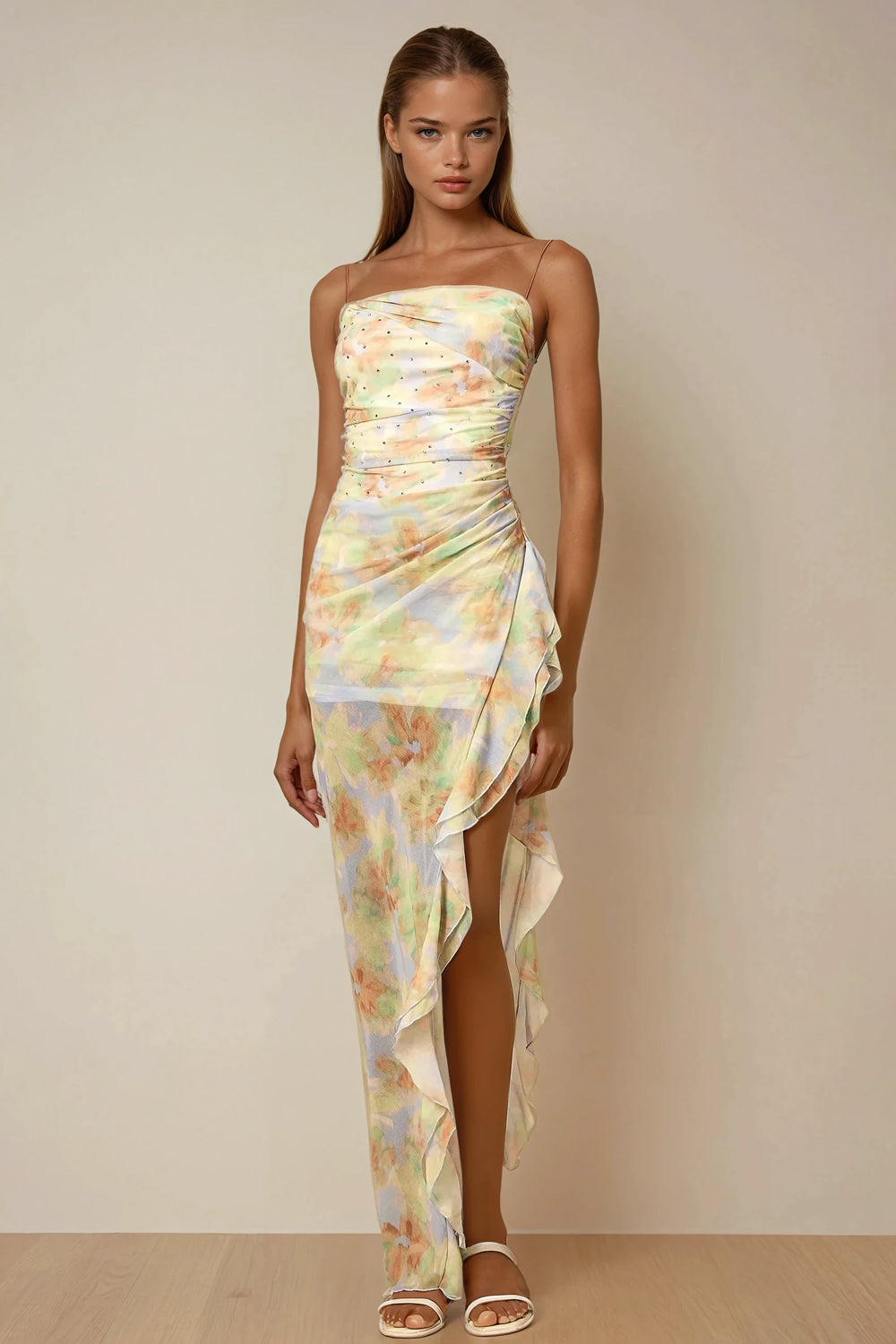 Maxi Dress with Ruffle Hem and Rear Tie - Blue