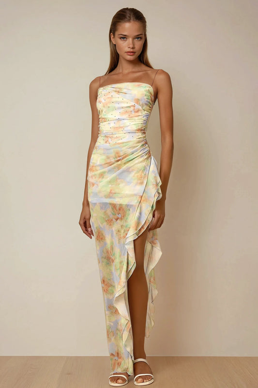 Maxi Dress with Ruffle Hem and Rear Tie - Blue