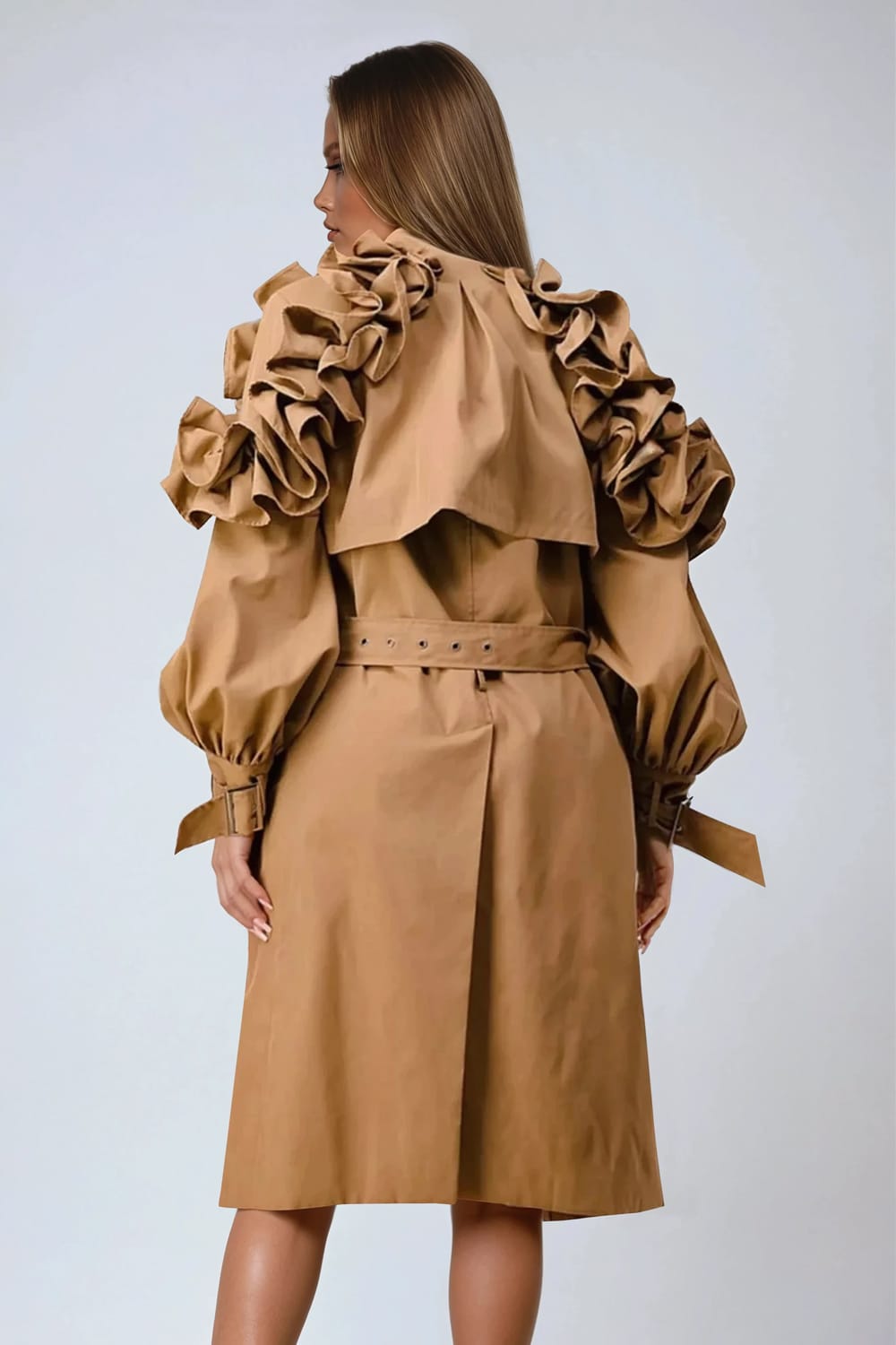 Ruffled Oversized Sleeve Belted Coat - Khaki