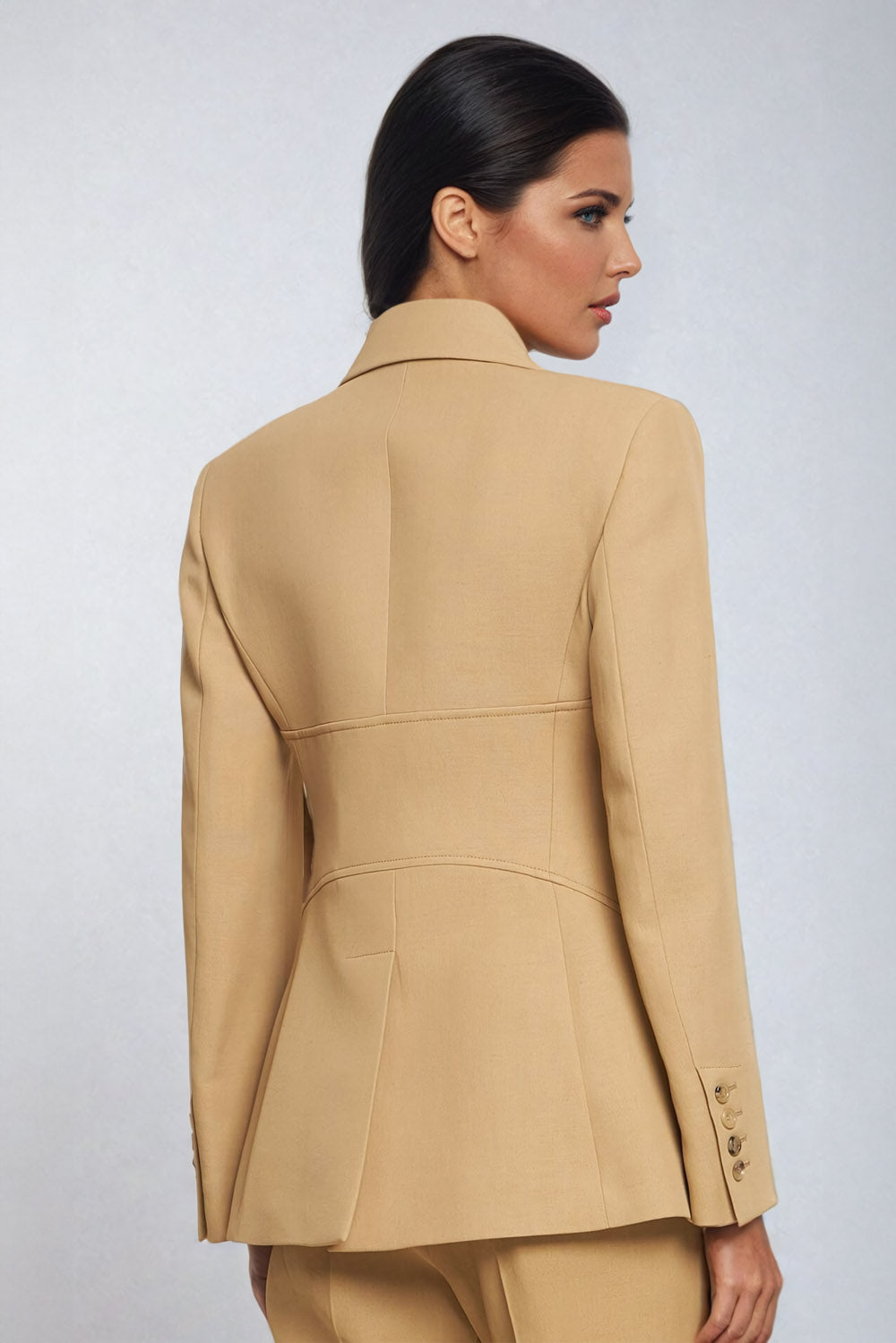 Belted Blazer with Flap Pockets and Lapel Collar - Beige