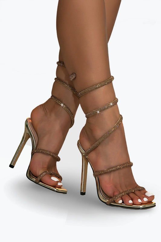 Stiletto Heel Sandals with Spiral Rhinestone Straps - Gold