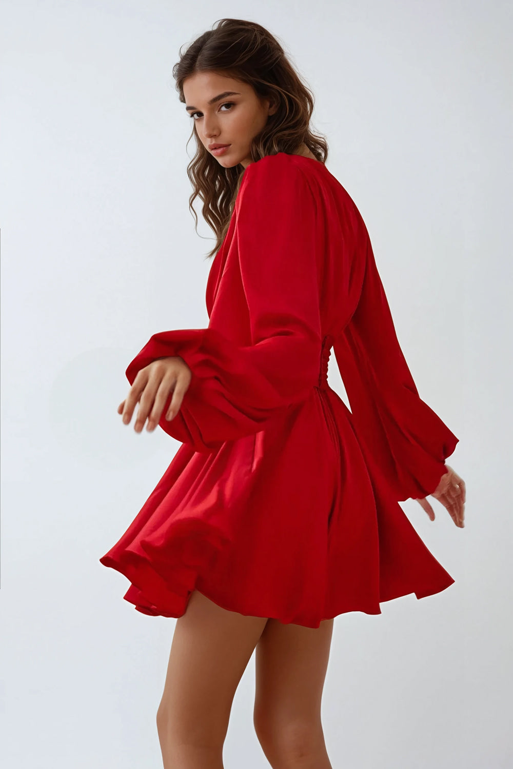 Long Sleeve Mini Dress with V-Neckline and Ruched Waist - Red