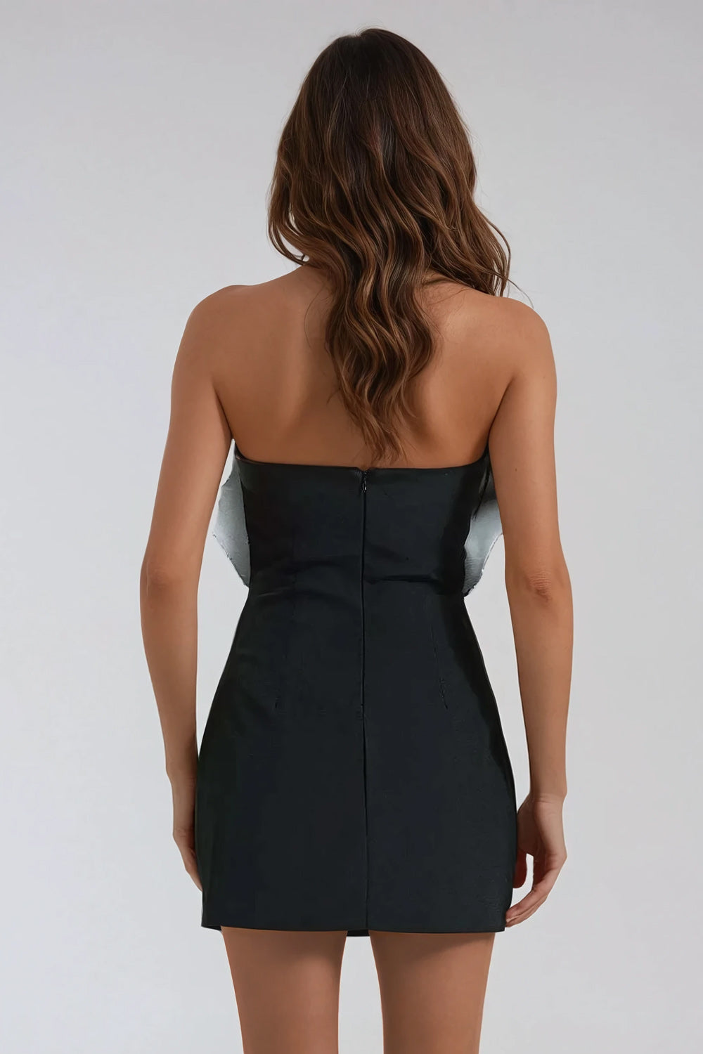 Strapless Mini Dress with Oversized Sequin Flower Accent - Black
