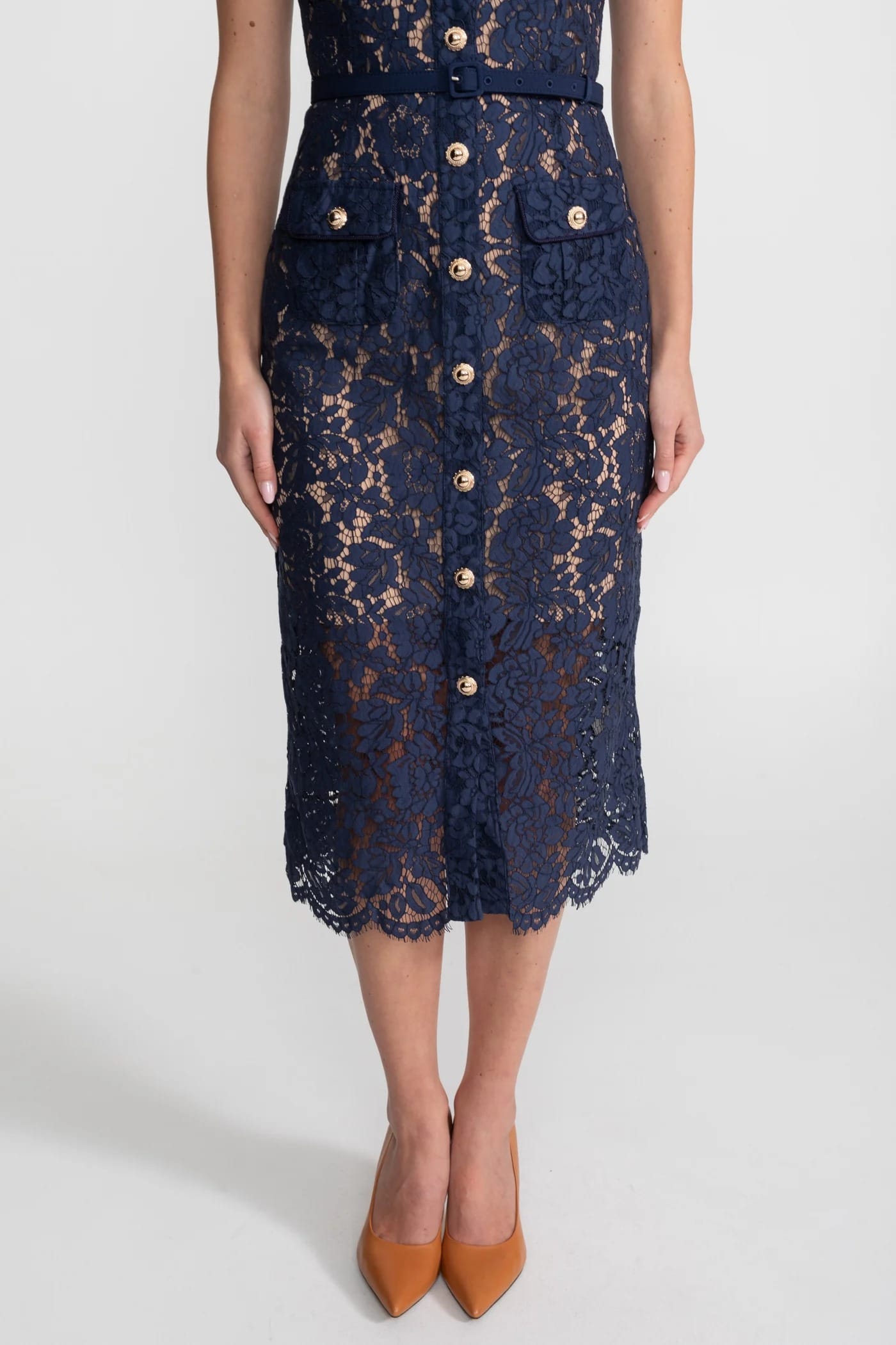 Short Sleeve Lace Midi Dress with Belt - Blue