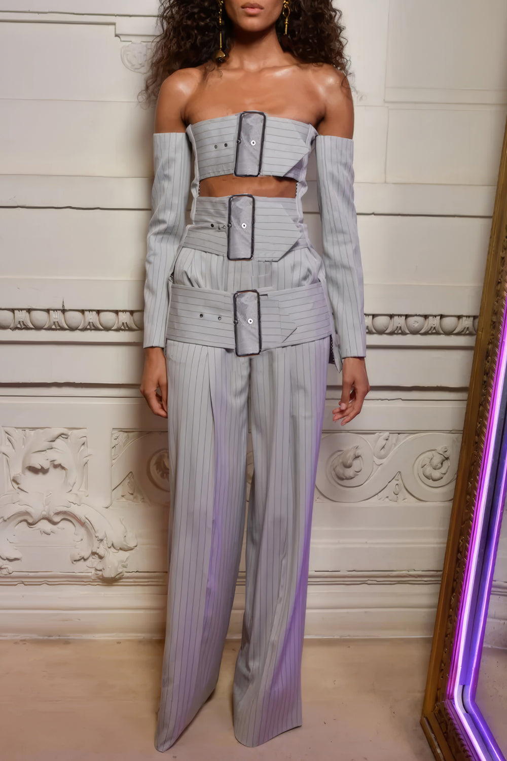 Cut-Out Buckle Detail Top and Trousers Two-Piece Set