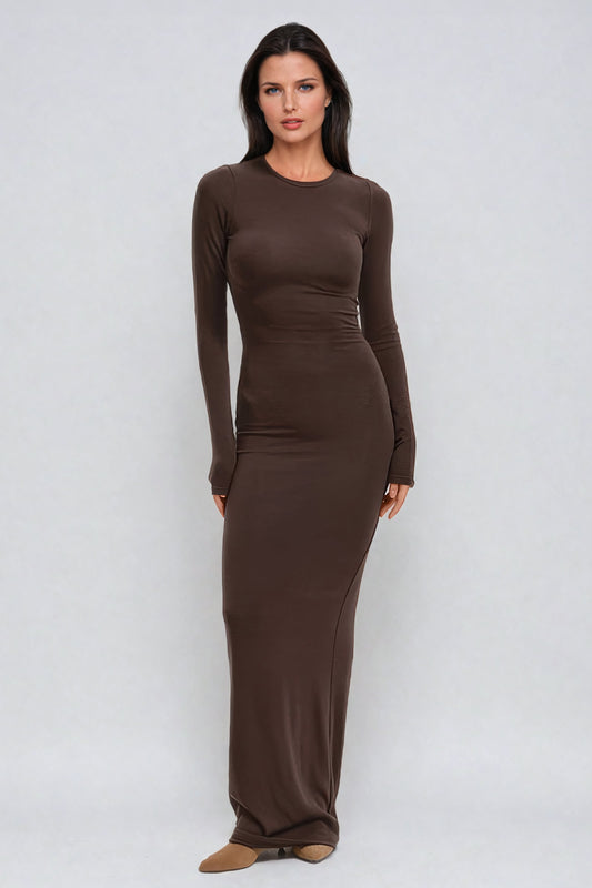 Long Sleeve Bodycon Maxi Dress - Brown