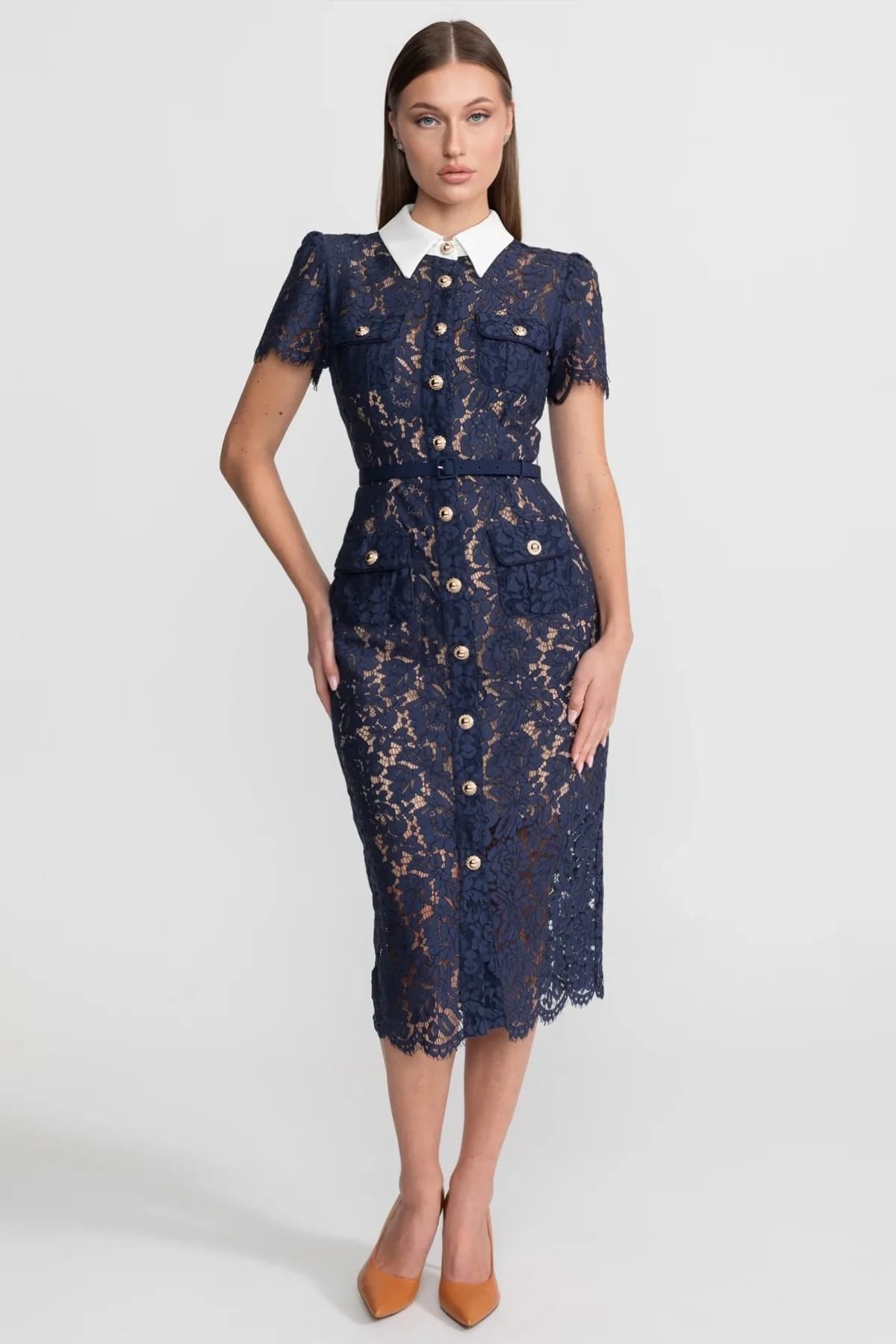 Short Sleeve Lace Midi Dress with Belt - Blue