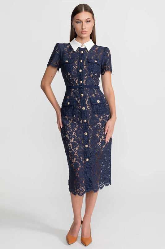 Short Sleeve Lace Midi Dress with Belt - Blue