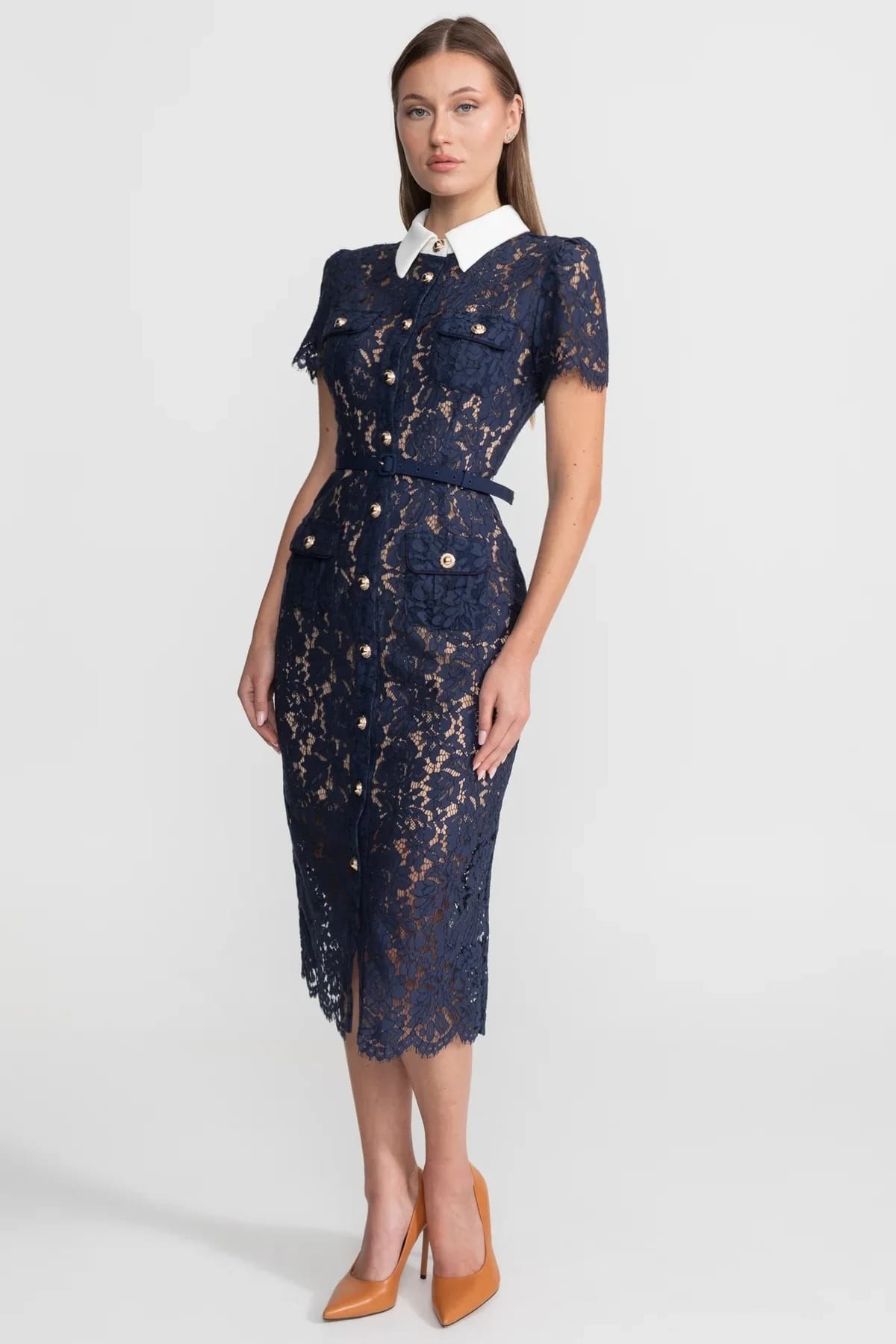 Short Sleeve Lace Midi Dress with Belt - Blue
