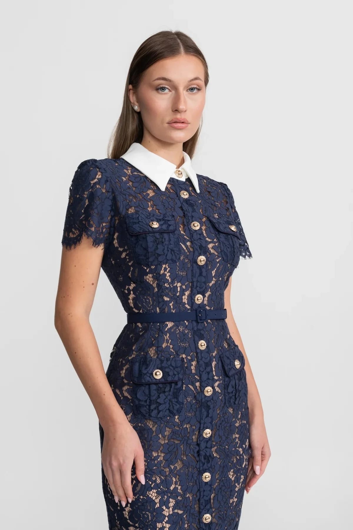 Short Sleeve Lace Midi Dress with Belt - Blue