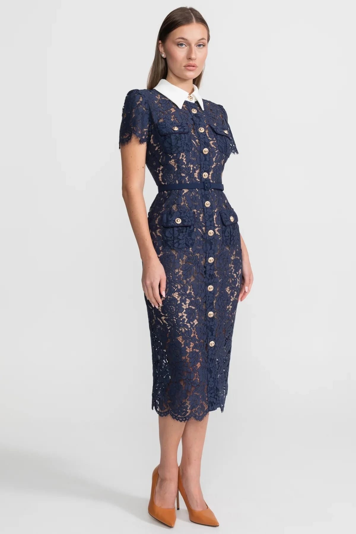 Short Sleeve Lace Midi Dress with Belt - Blue