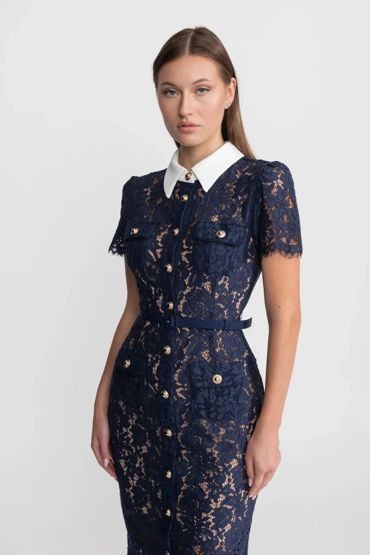 Short Sleeve Lace Midi Dress with Belt - Blue