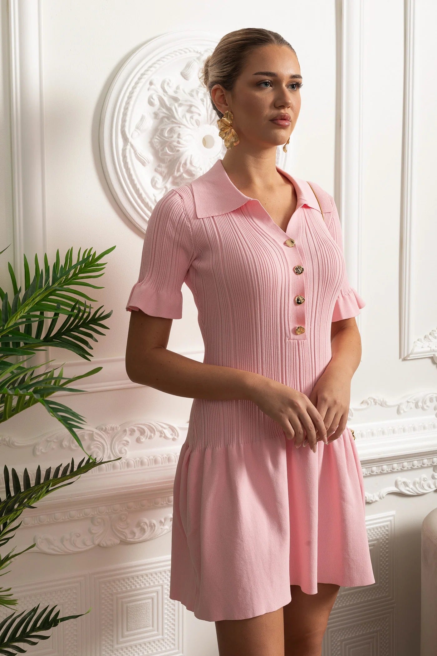 Knit Mini Dress With Polo Collar and Gold Button Detail - Pink