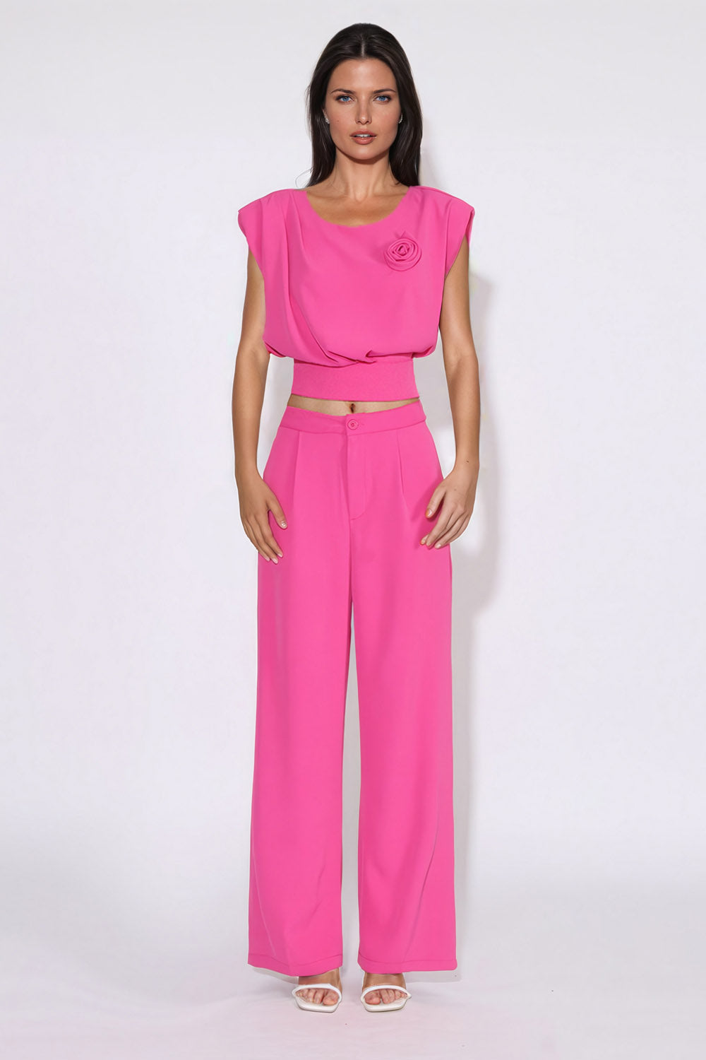 Two-Piece Set with Floral Accent Top and Trousers - Pink