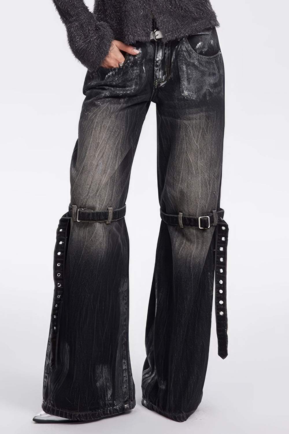 Buckled Wide-Leg Distressed Jeans
