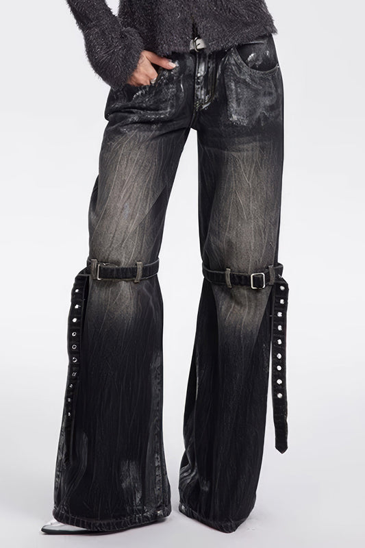 Buckled Wide-Leg Distressed Jeans