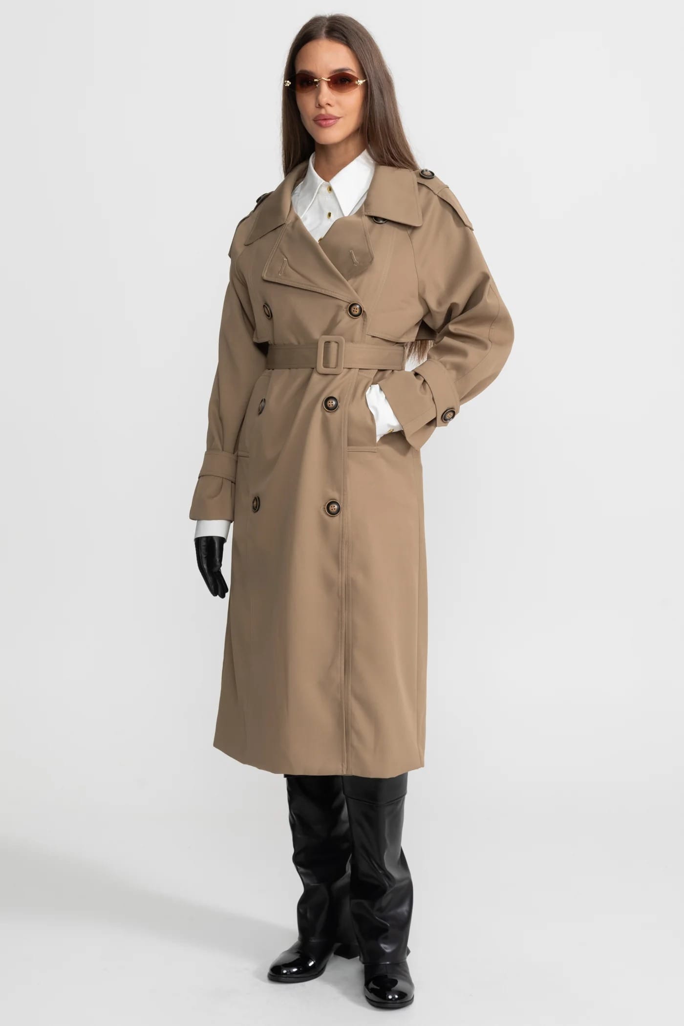 Double-Breasted Belted Trench Coat - Khaki