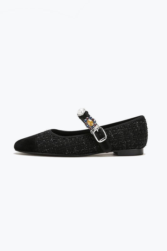 Flat Shoes with Textured Upper and Beaded Strap - Black