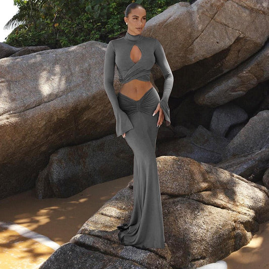 Two-Piece Set with Keyhole Crop Top and Ruched Maxi Skirt - Gray