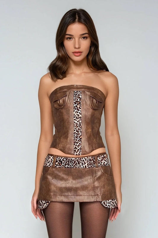 Two-Piece Set with Strapless Corset Top and Mini Skirt - Brown