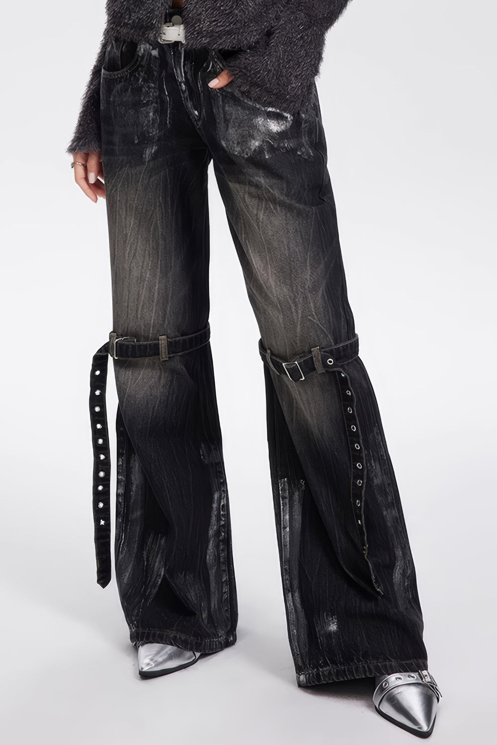 Buckled Wide-Leg Distressed Jeans
