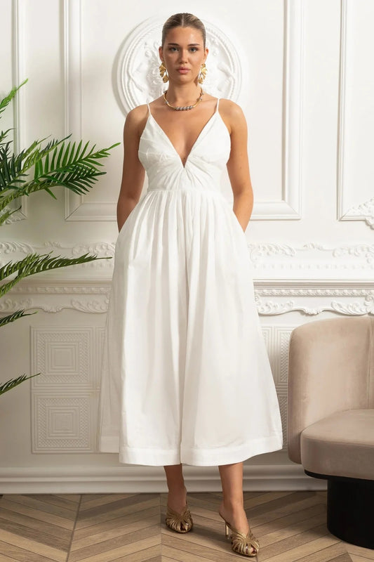 Plunge V Neck Cotton Midi Dress With Fitted Waist - White