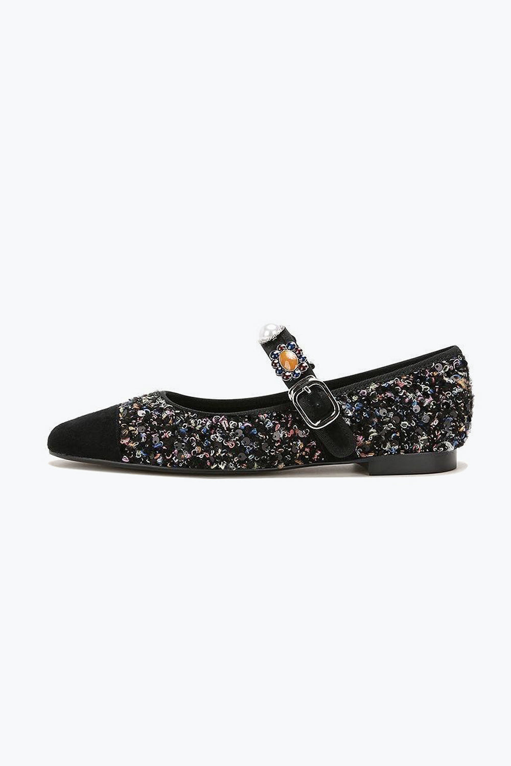 Flat Shoes with Textured Upper and Beaded Strap - Blue