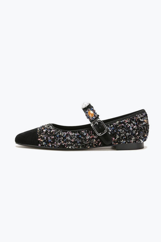 Flat Shoes with Textured Upper and Beaded Strap - Blue