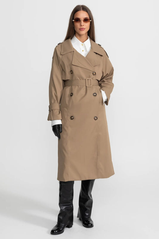 Double-Breasted Belted Trench Coat - Khaki