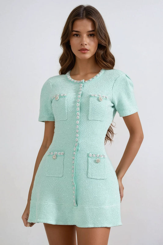 Short Sleeve Button-Front Mini Dress - Green