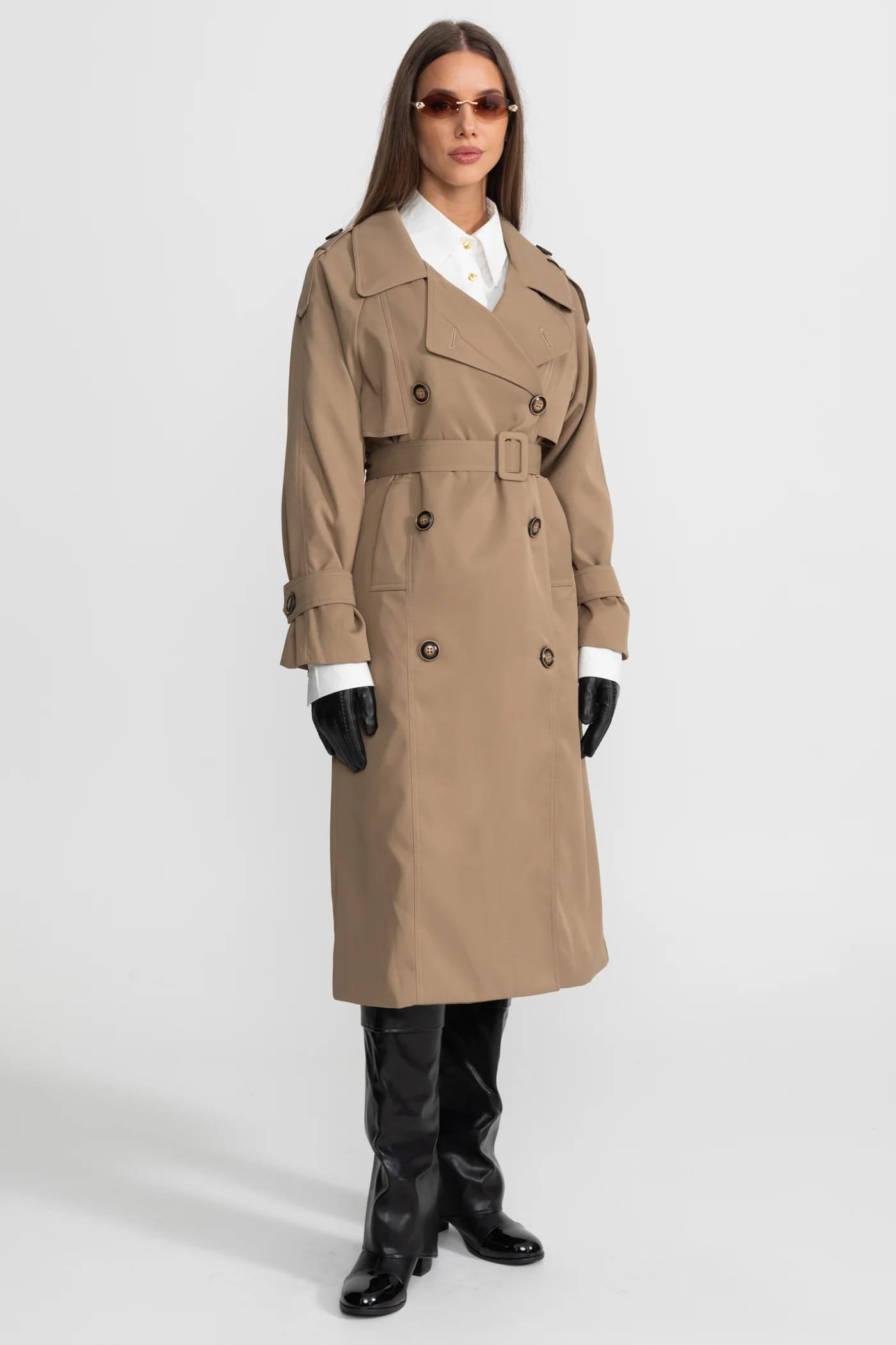 Double-Breasted Belted Trench Coat - Khaki