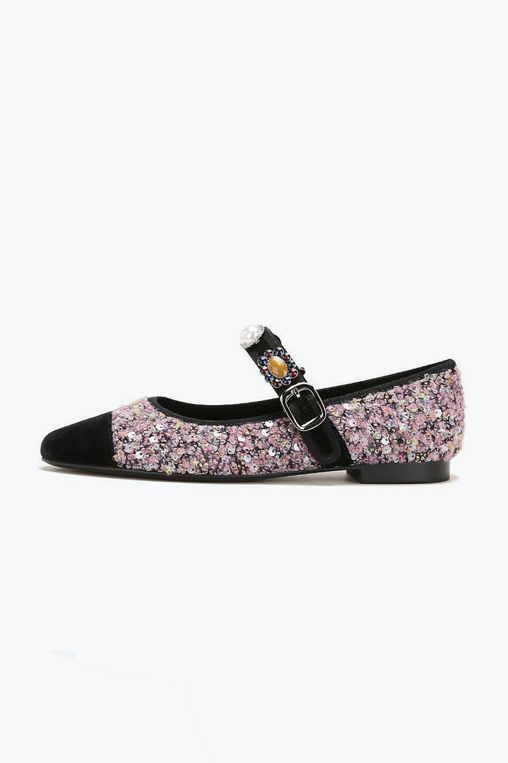 Flat Shoes with Textured Upper and Beaded Strap - Pink