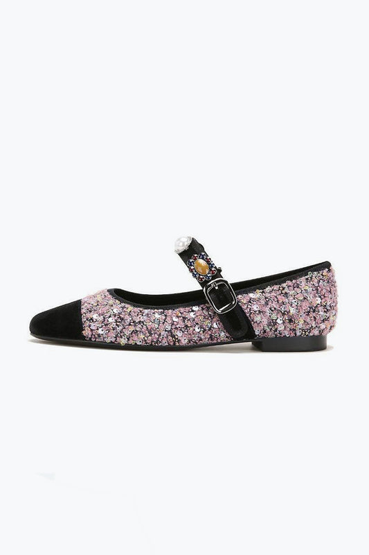 Flat Shoes with Textured Upper and Beaded Strap - Pink