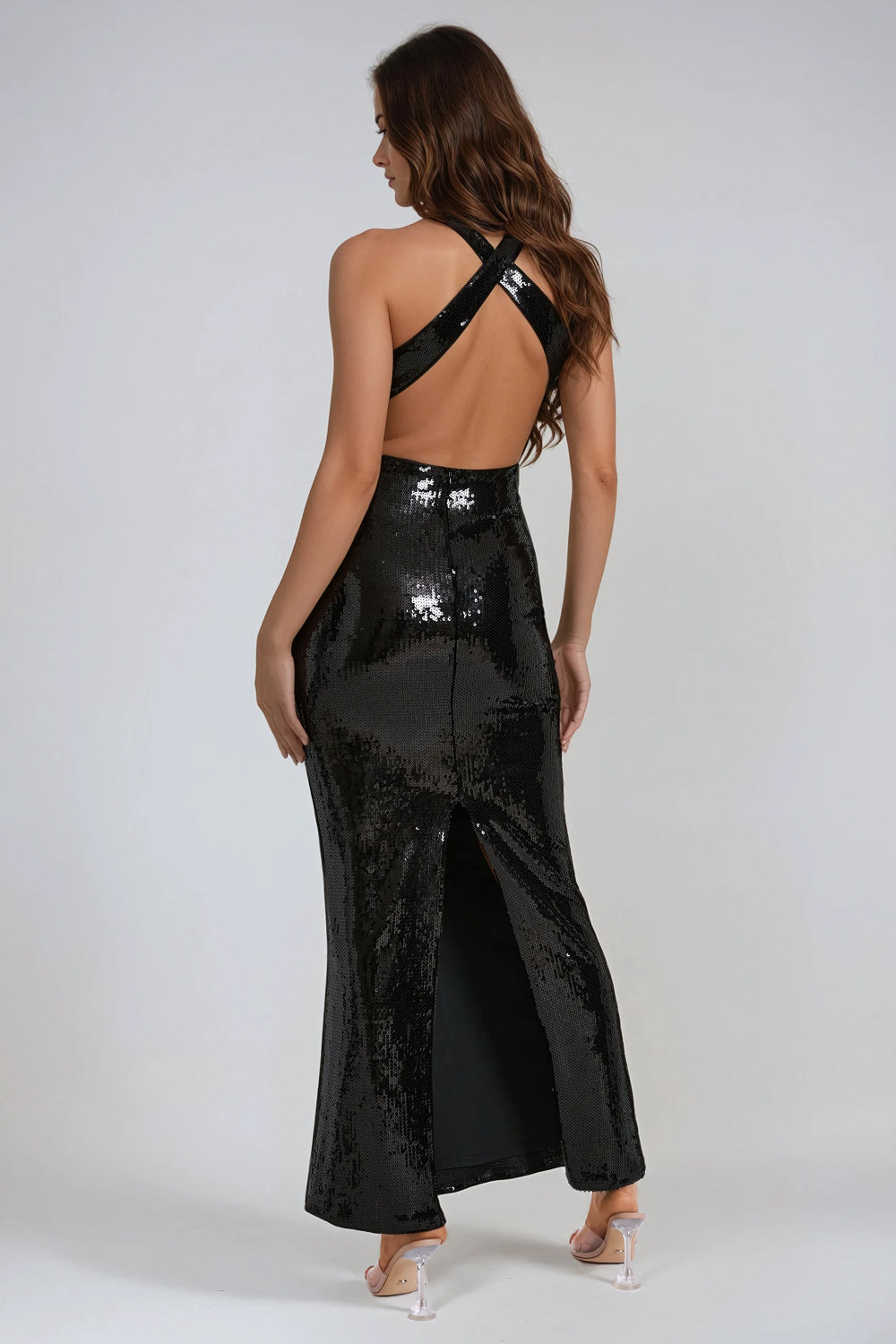 Sequin Embellished Bodycon Maxi Dress - Black