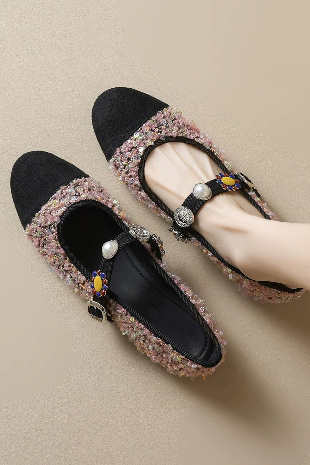 Flat Shoes with Textured Upper and Beaded Strap - Pink