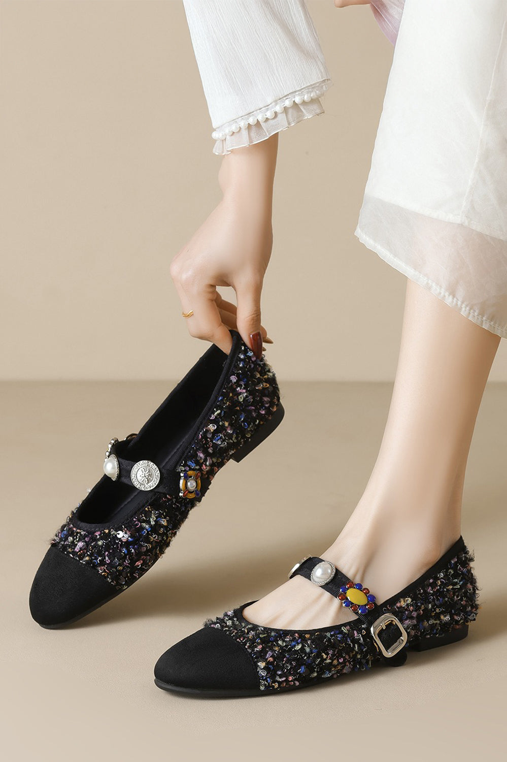 Flat Shoes with Textured Upper and Beaded Strap - Blue