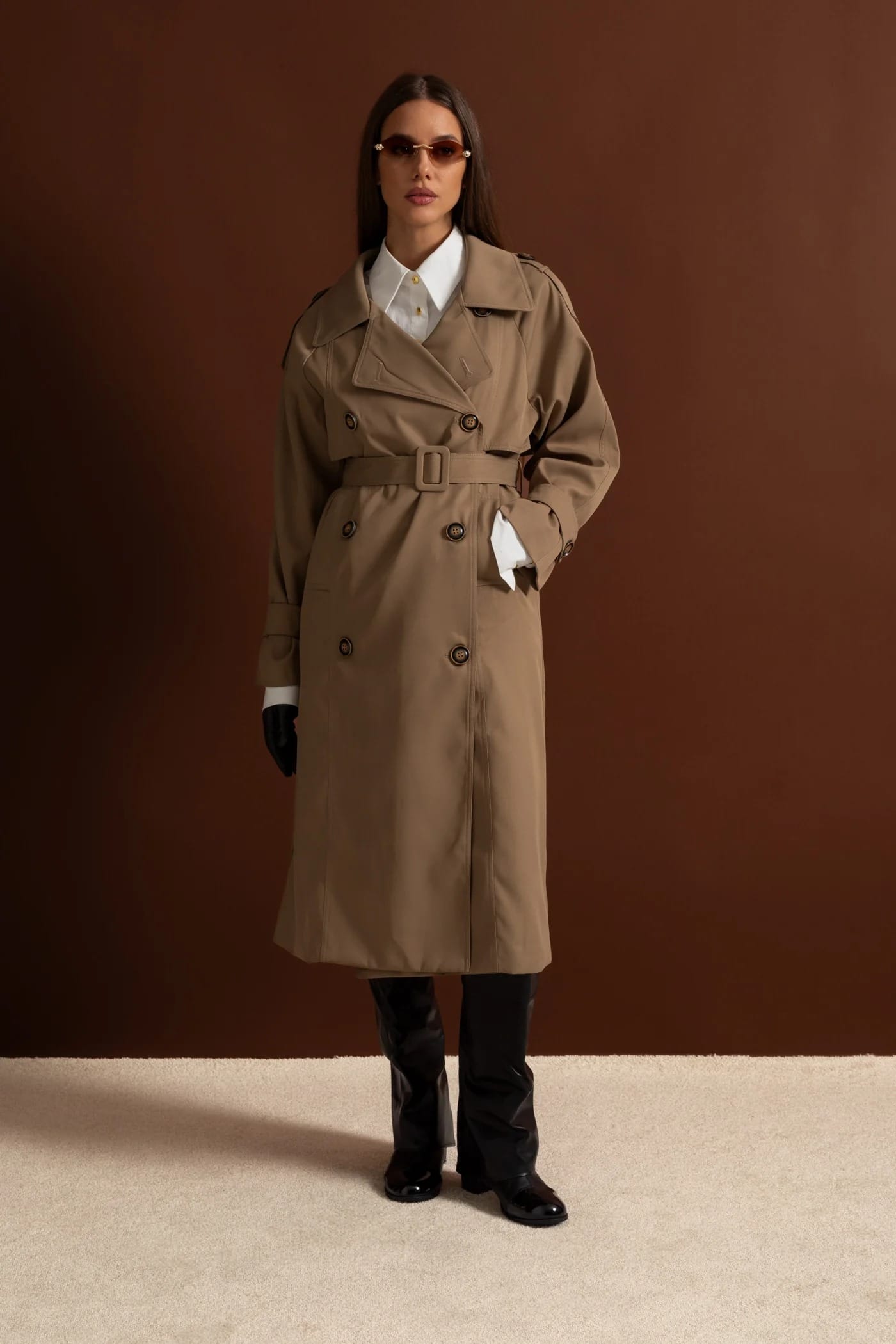 Double-Breasted Belted Trench Coat - Khaki