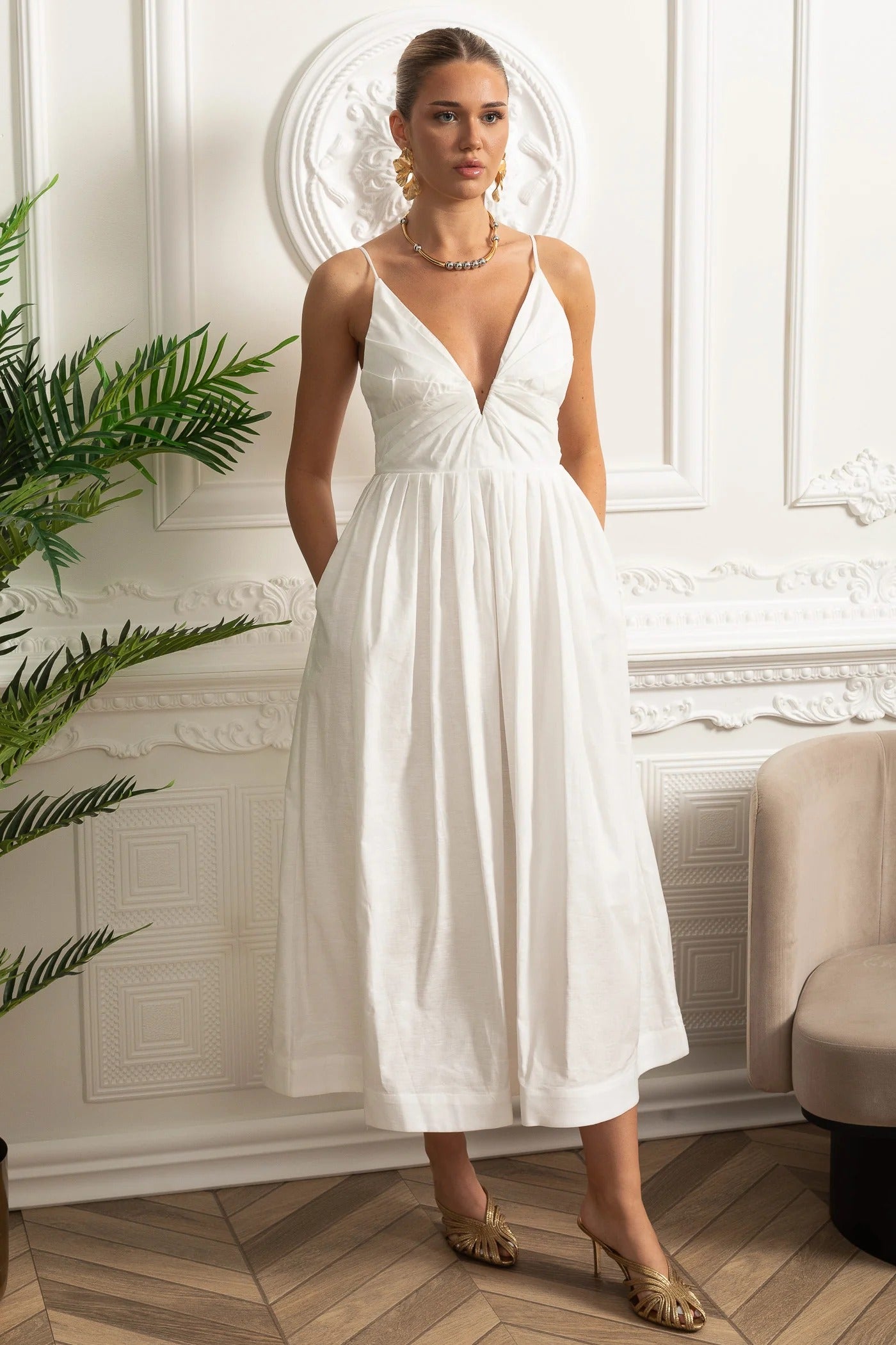 Plunge V Neck Cotton Midi Dress With Fitted Waist - White